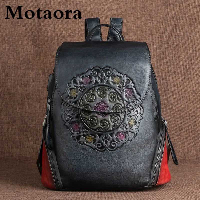 MOTAORA Vintage Leather Embossed Large Capacity Backpack