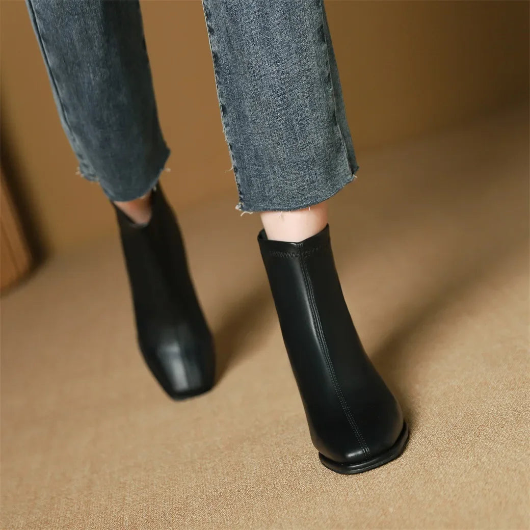 New women's boots with high heels, square toe, back zipper, spring and autumn