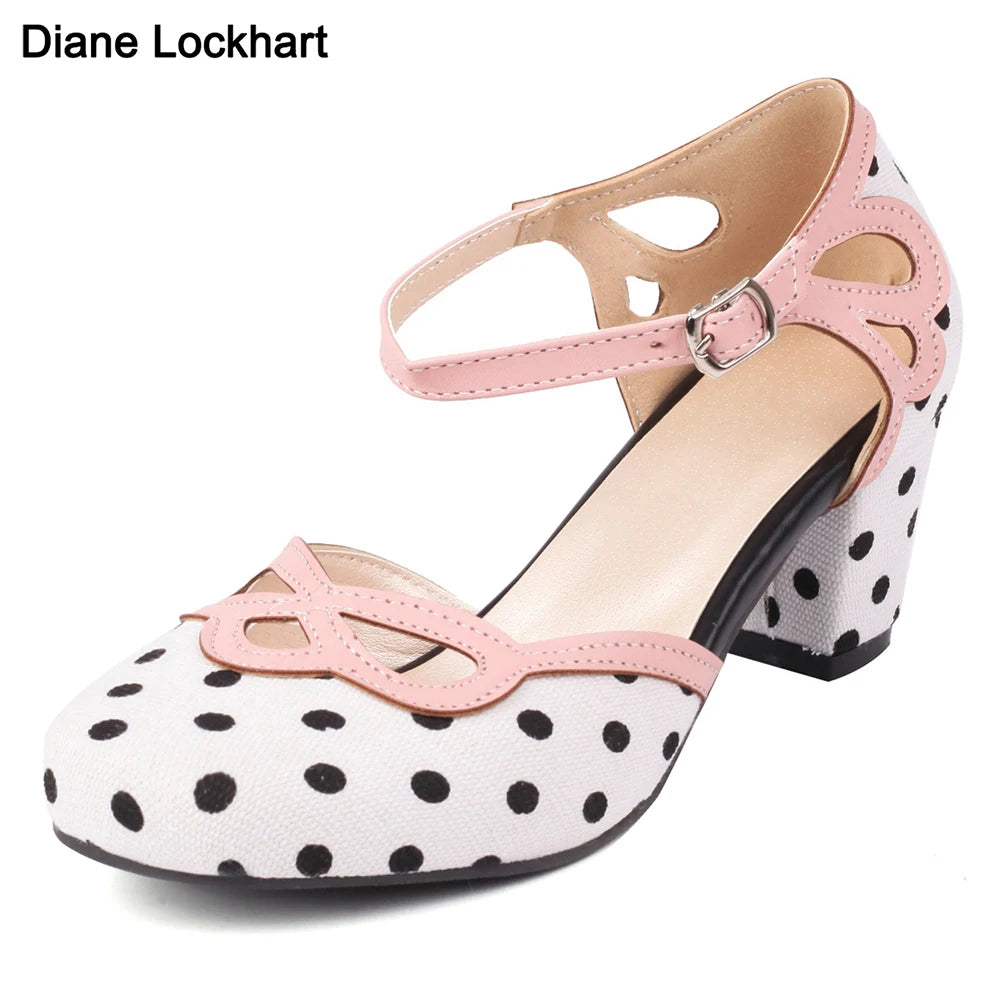 DIANE LOCKHART Adorable Polka Dot or Stripe Round Toe Buckle Shoes