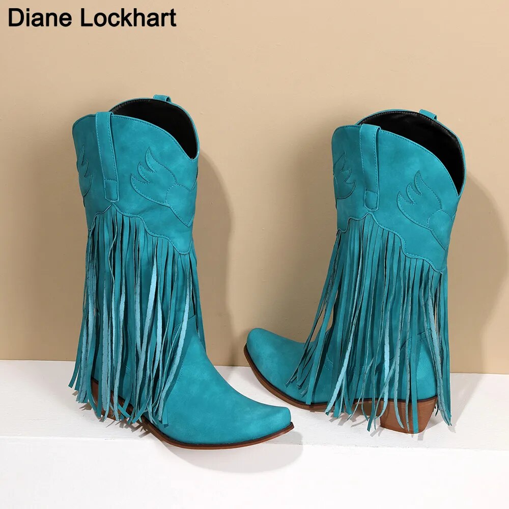 DIANE LOCKHART Fringed Mid-Calf Western Cowboy Boots