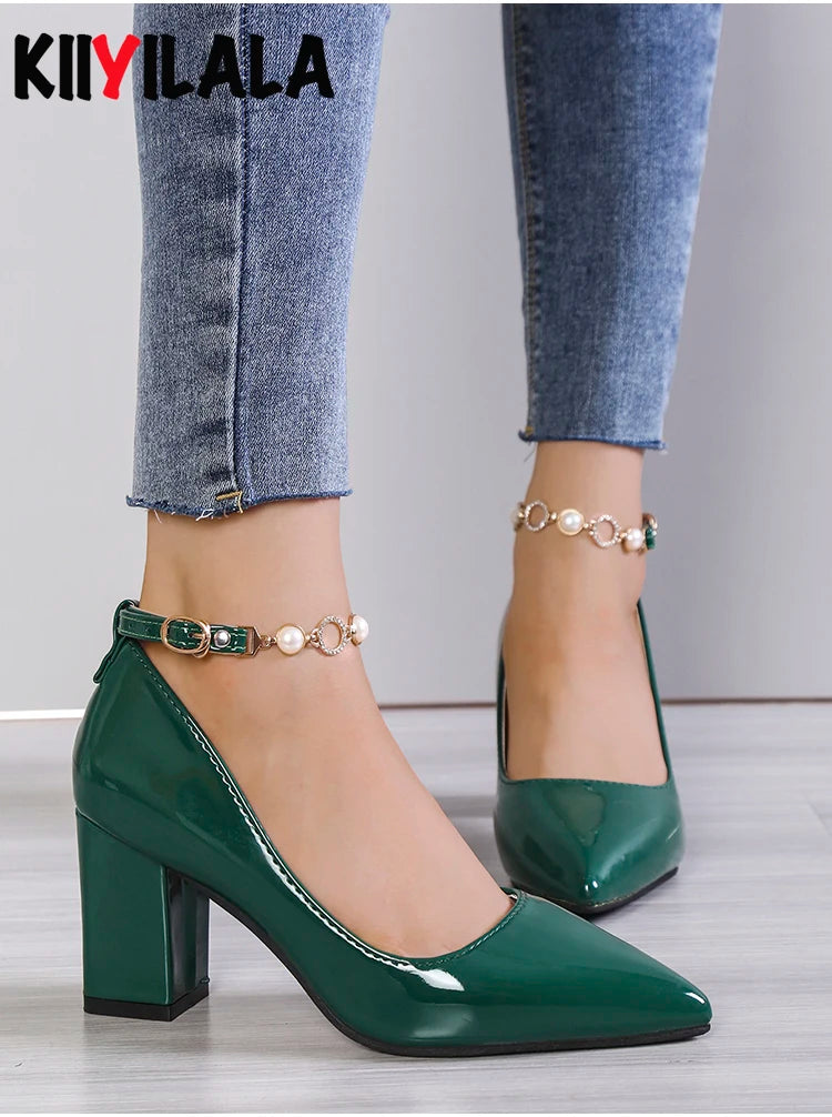 LAZYSEAL Pearl Crystal Chain Buckle Square Heel Shoes