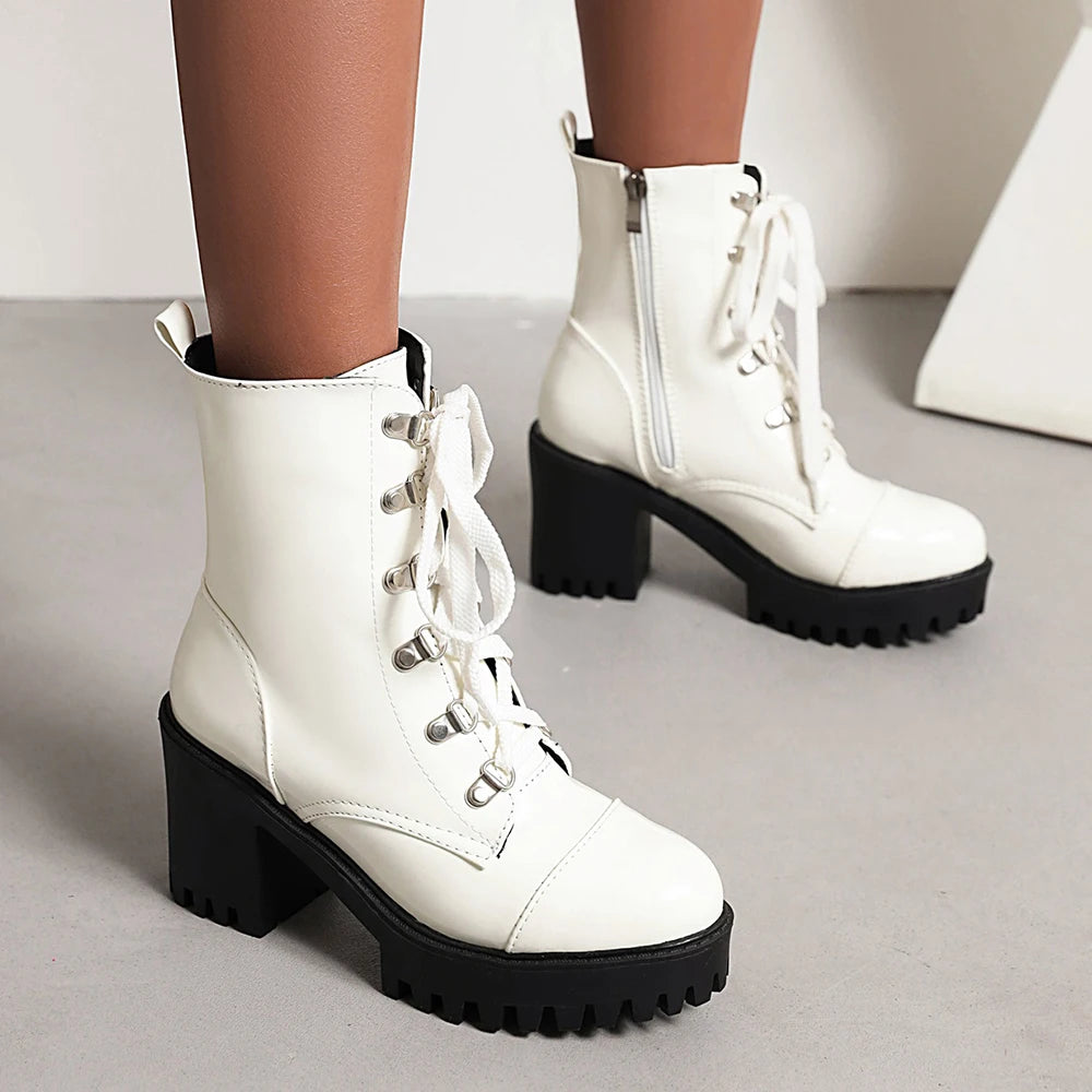 Lace Up Sexy Women's Boot Winter Fashion Platform Boots Punk High Heels Black Yellow White Ankle Boots Autumn Rubber Shoes Women