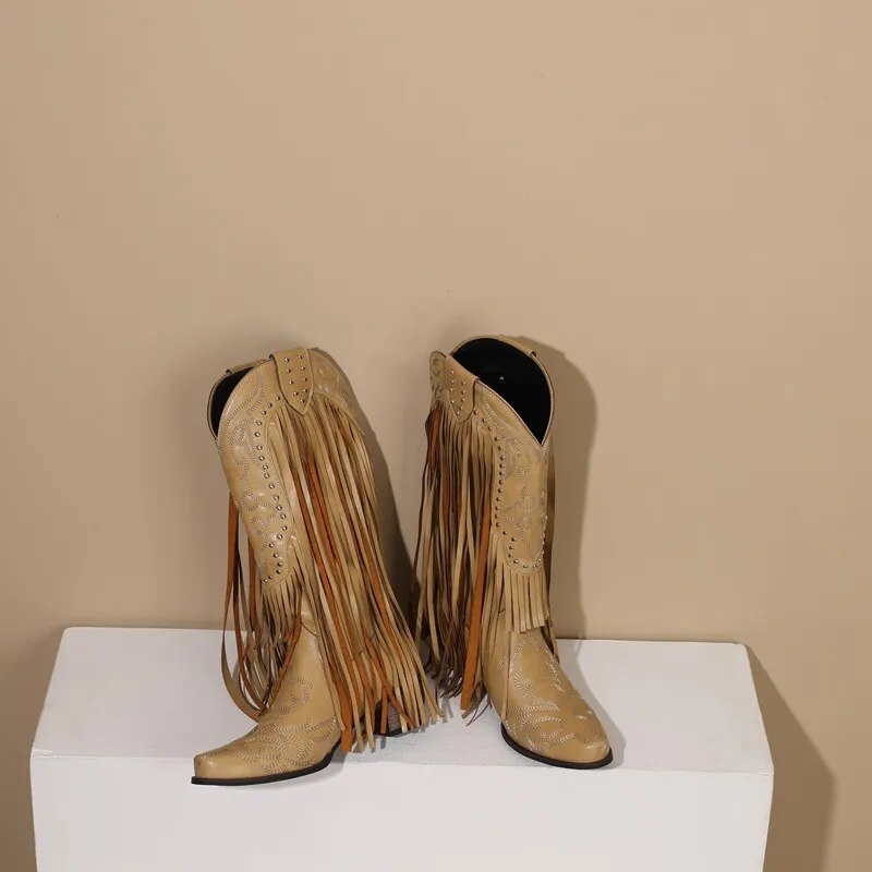 Exceptional Embroidery Fringed Knee High Western Boots