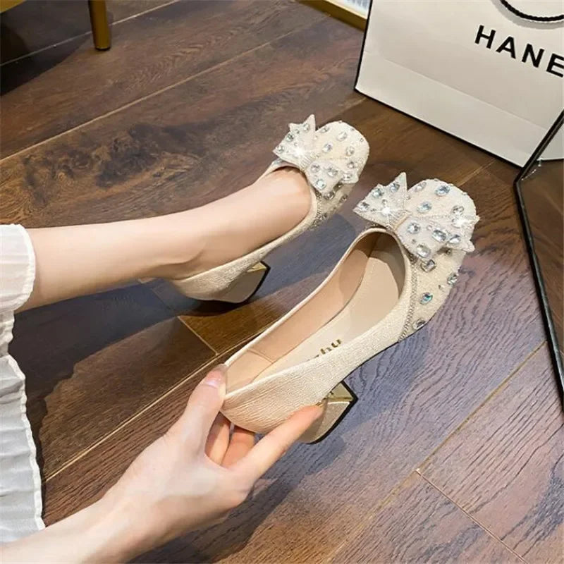 Luxury Bling Bow Low Square Heel Shoes