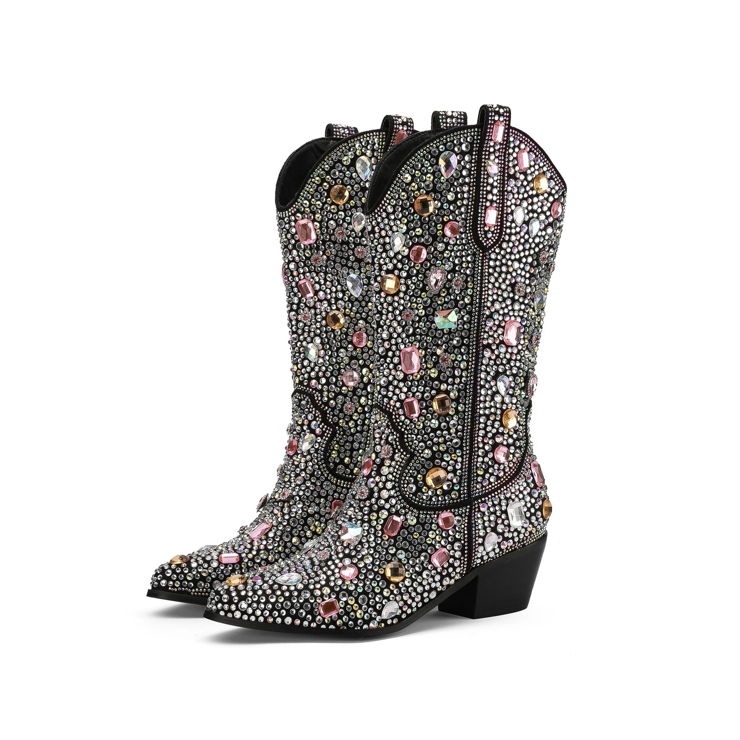 Round Toe Multi-Colored Rhinestone Style Long Biker Boots