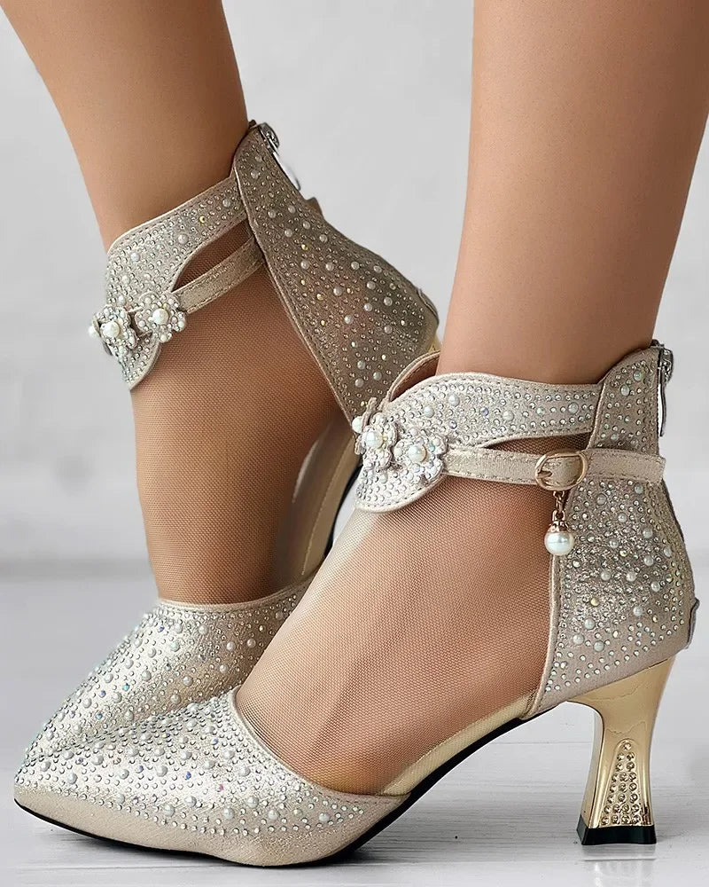 RYAMAG Ankle Buckle Pearl Bedazzled Shoes