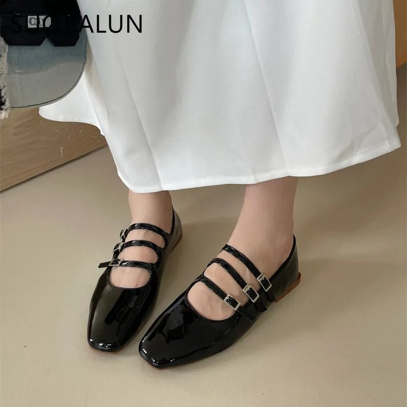 SUOJIALUN Sumptuous Tri-Buckle Flat Shoes