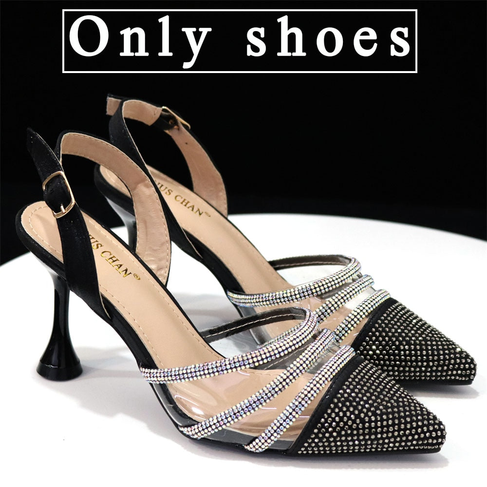 Venus Chan Shoes for Women 2023 Pointed Toe Black Heels Rhinestone Chain Party Sandals Italian Shoes and Bags Matching Set 2023 - My She Shop