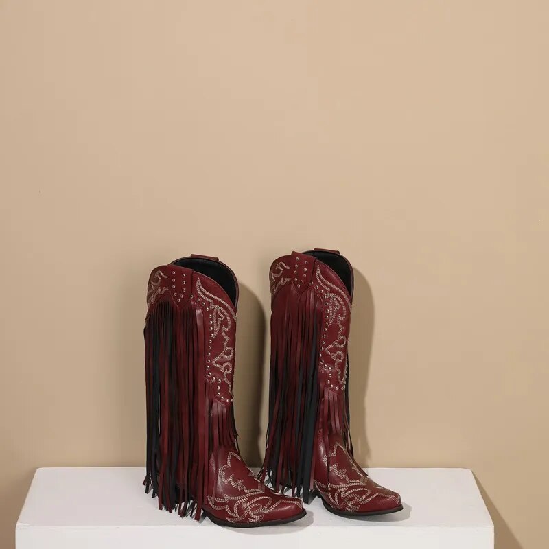 Exceptional Embroidery Fringed Knee High Western Boots