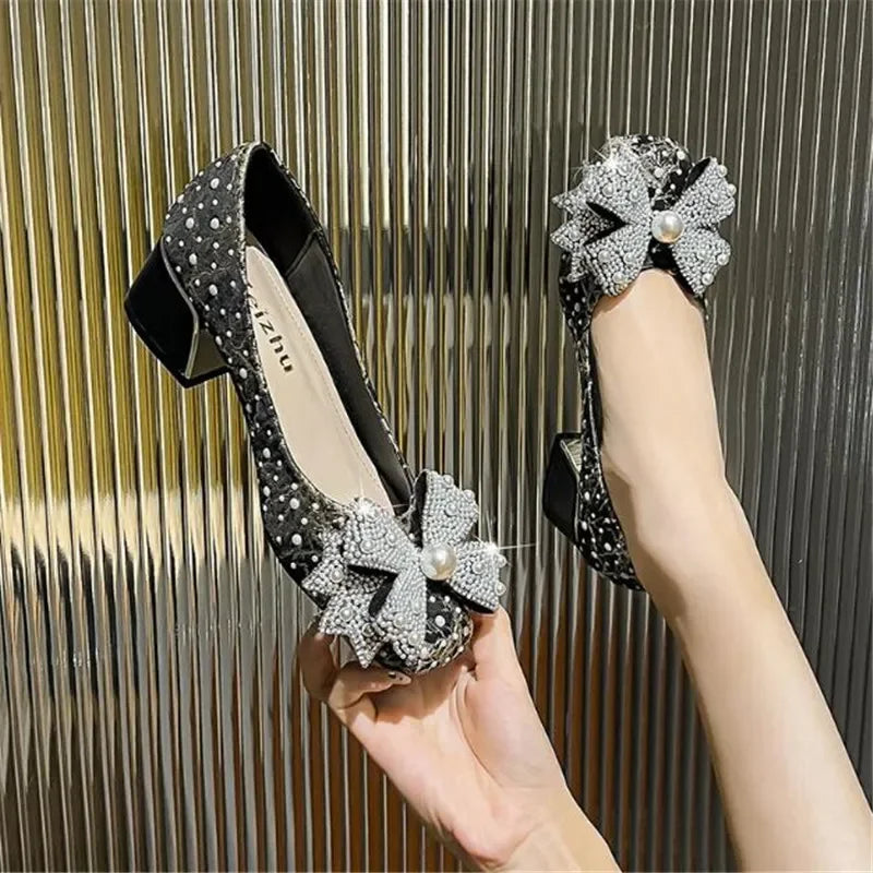 Luxury Bling Bow Low Square Heel Shoes