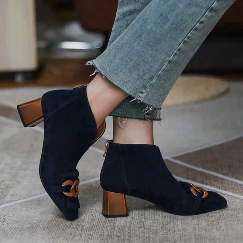 NORBERG Ankle High Suede Buckle Fringe Zipper Back Booty Shoes