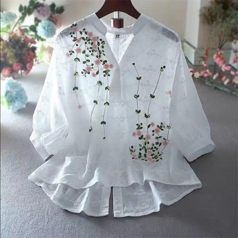 Literary Cotton Shirts For Women Embroidery Flowers Woman Blouses V-neck Half Sleeve Lace Blouses Summer Thin Top Female Shirt - My She Shop