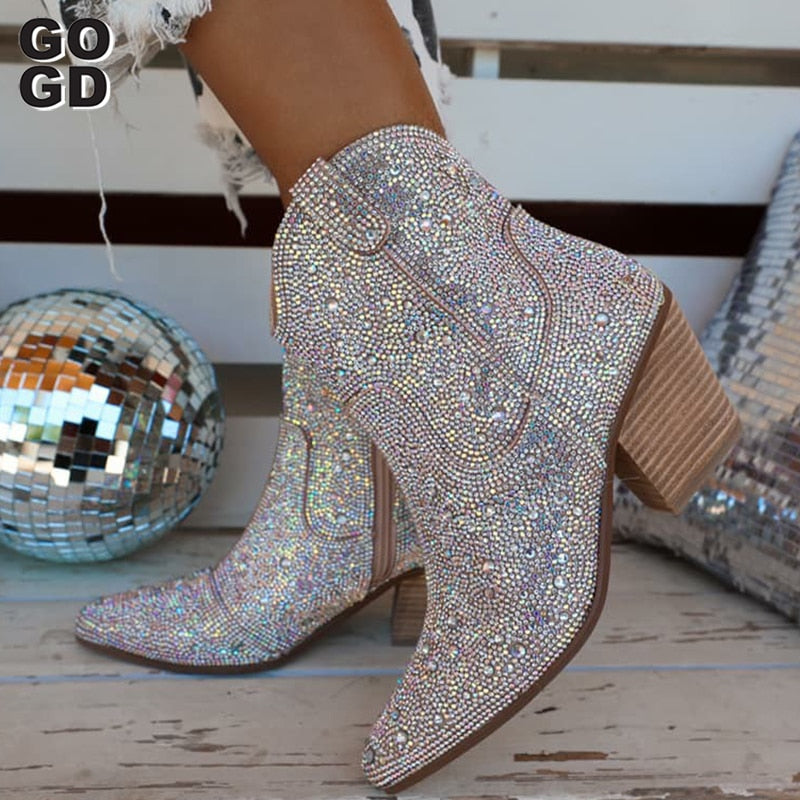 GOGD Crystal Bling High Heel Side Zip Ankle Cowboy Boots