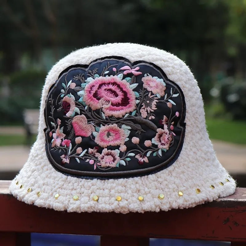 Warm Fuzzy Embroidered & Studded Vintage Cap Hat