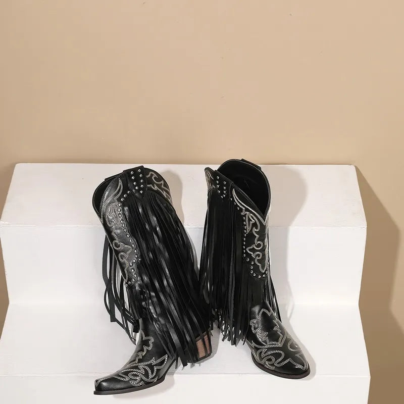 Exceptional Embroidery Fringed Knee High Western Boots