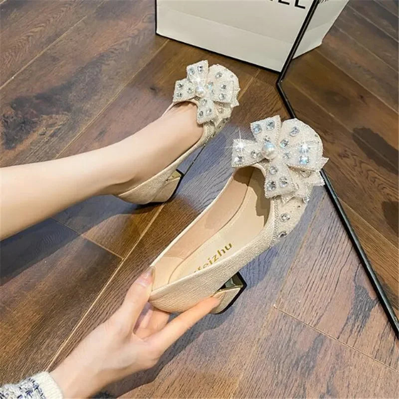 Luxury Bling Bow Low Square Heel Shoes