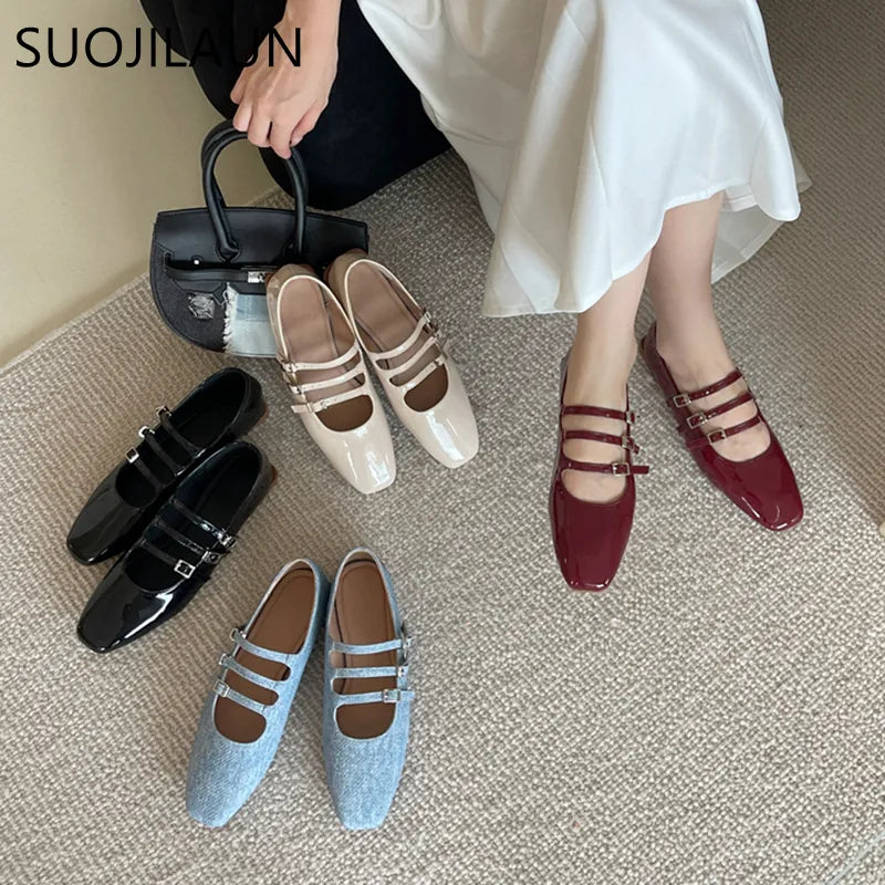 SUOJIALUN Sumptuous Tri-Buckle Flat Shoes