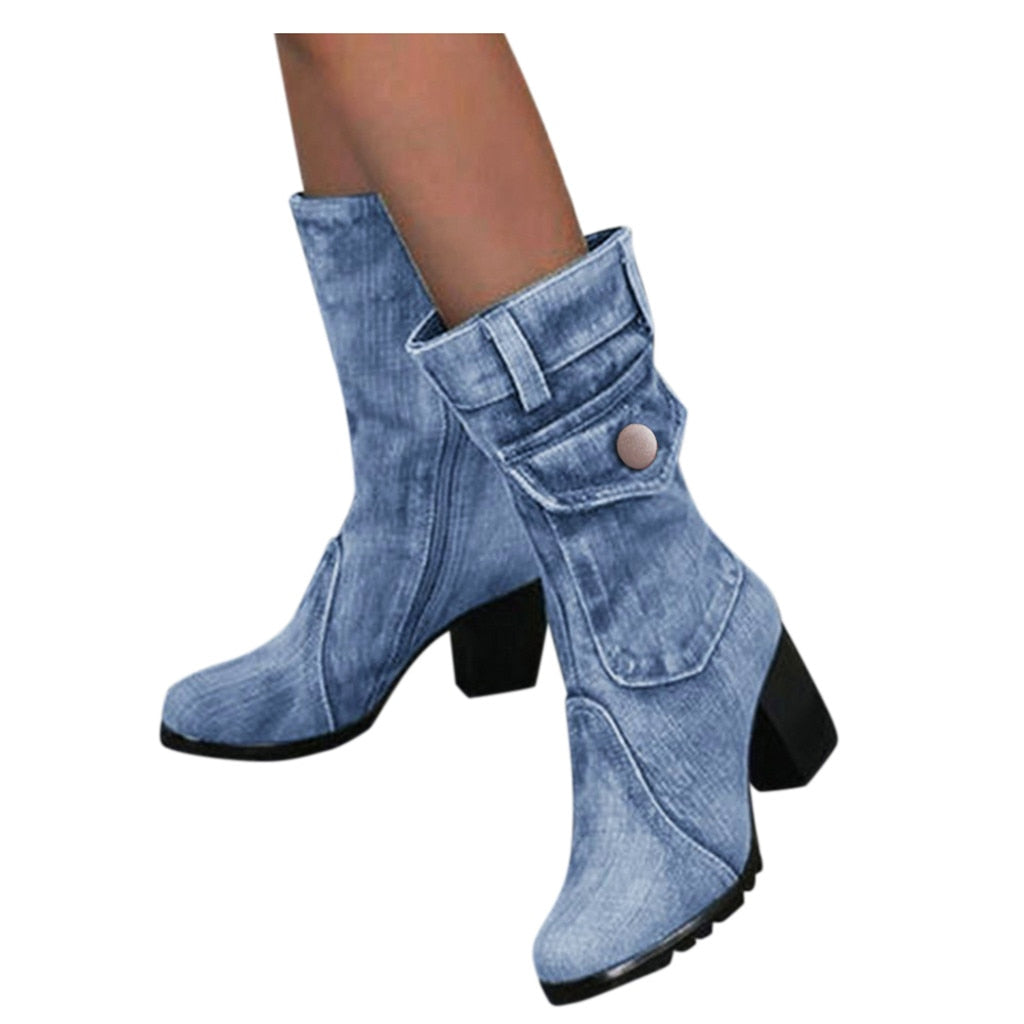 SPONGE MICE Blue Jean Chunky Mid Square Heel Zipper Booty Shoes - My She Shop