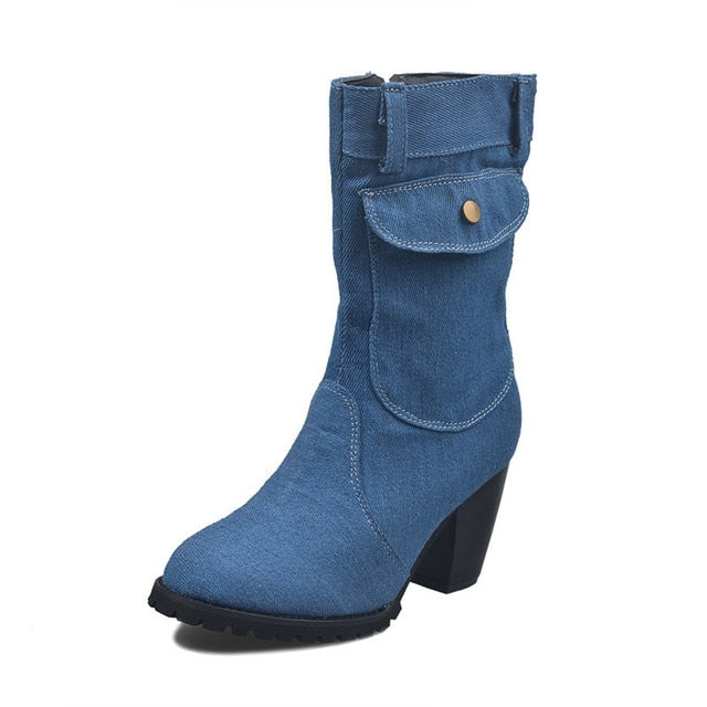 SPONGE MICE Blue Jean Chunky Mid Square Heel Zipper Booty Shoes - My She Shop