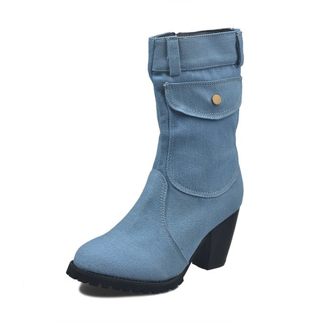 SPONGE MICE Blue Jean Chunky Mid Square Heel Zipper Booty Shoes - My She Shop