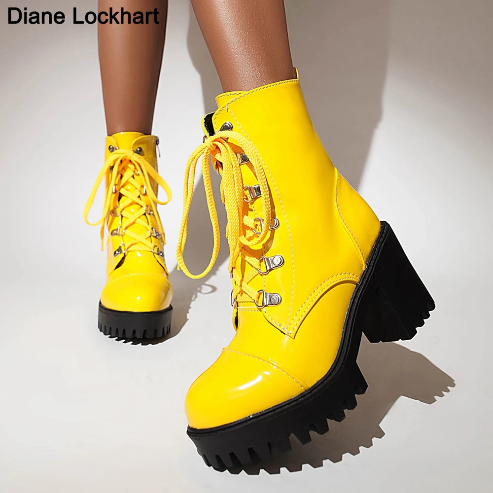 Lace Up Sexy Women's Boot Winter Fashion Platform Boots Punk High Heels Black Yellow White Ankle Boots Autumn Rubber Shoes Women