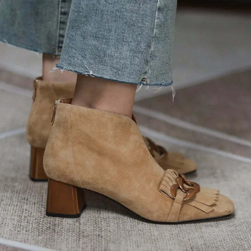 NORBERG Ankle High Suede Buckle Fringe Zipper Back Booty Shoes