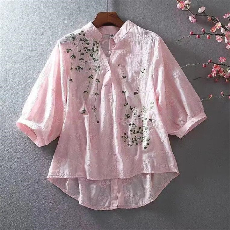 Literary Cotton Shirts For Women Embroidery Flowers Woman Blouses V-neck Half Sleeve Lace Blouses Summer Thin Top Female Shirt - My She Shop