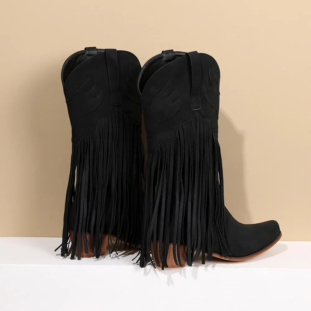 DIANE LOCKHART Fringed Mid-Calf Western Cowboy Boots