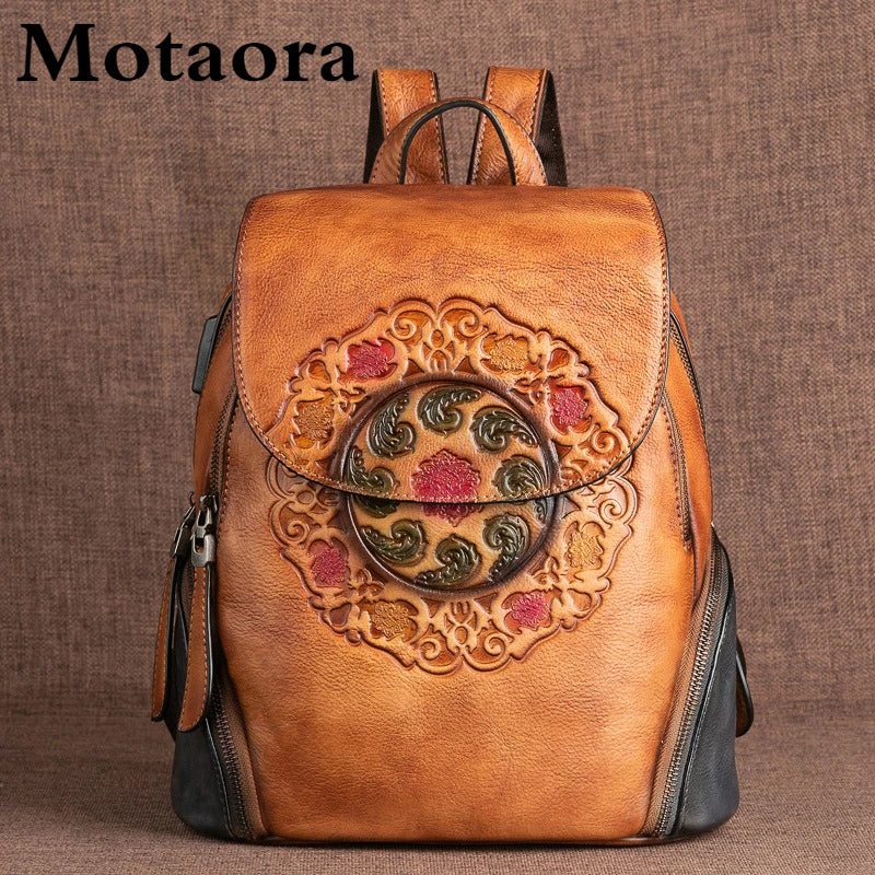 MOTAORA Vintage Leather Embossed Large Capacity Backpack