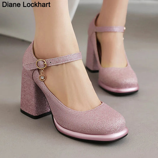 DIANE LOCKHART Sequined Platform Square Super High Heel Buckle Shoes