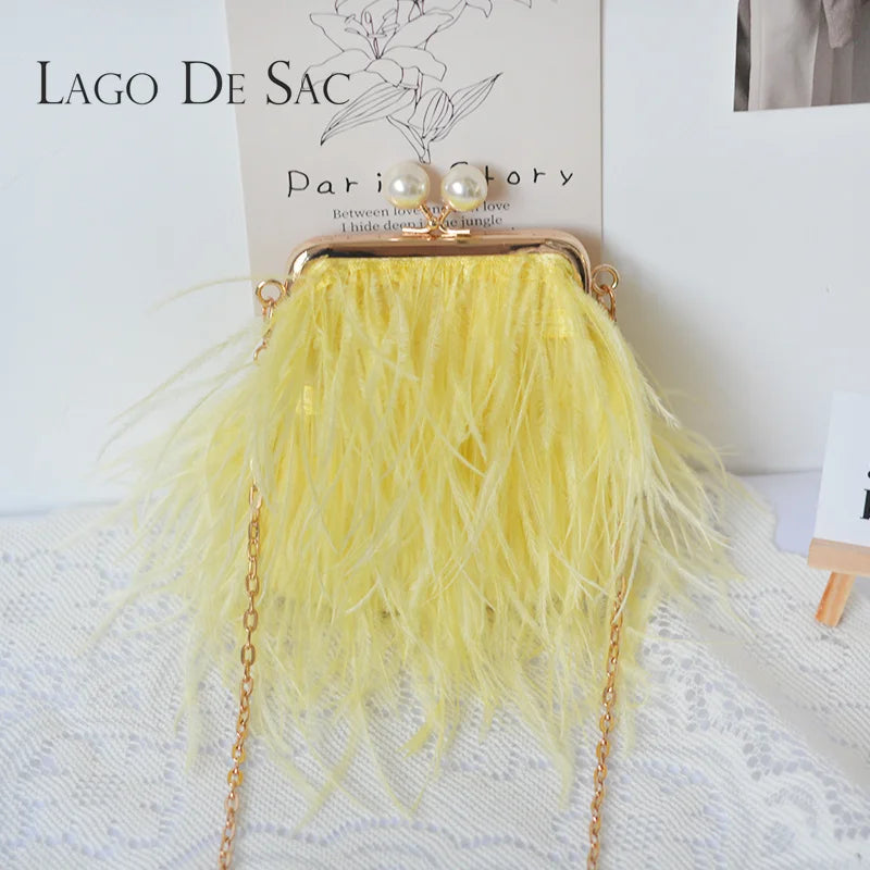 Women Luxury Ostrich Feather Fur Clutch Bag Evening Mini Chain Purse Party Ladies Elegant Banquet Bag