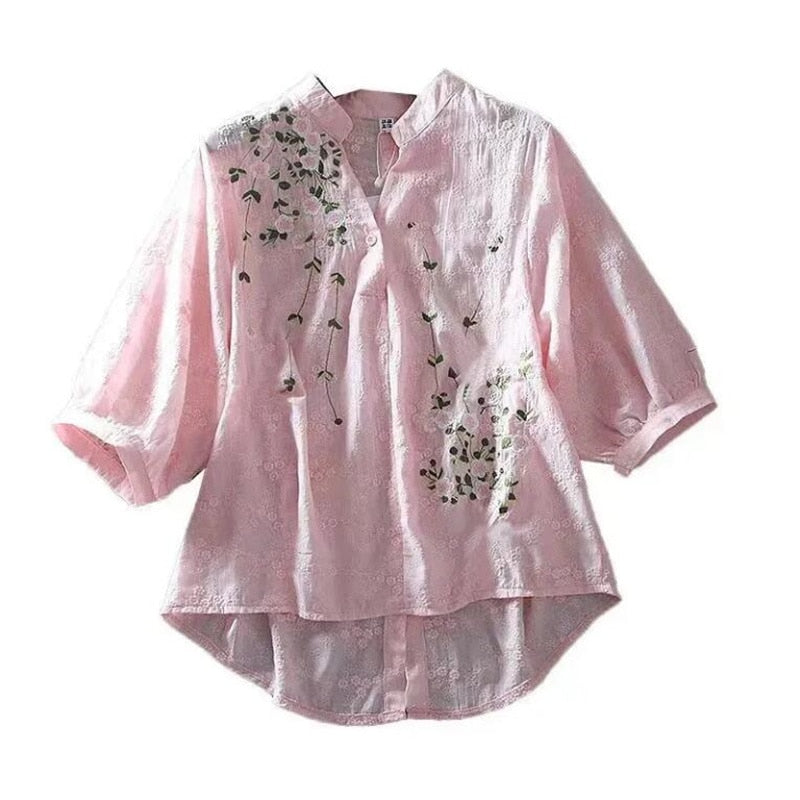 Literary Cotton Shirts For Women Embroidery Flowers Woman Blouses V-neck Half Sleeve Lace Blouses Summer Thin Top Female Shirt - My She Shop