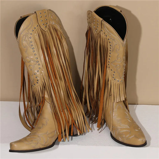 Exceptional Embroidery Fringed Knee High Western Boots