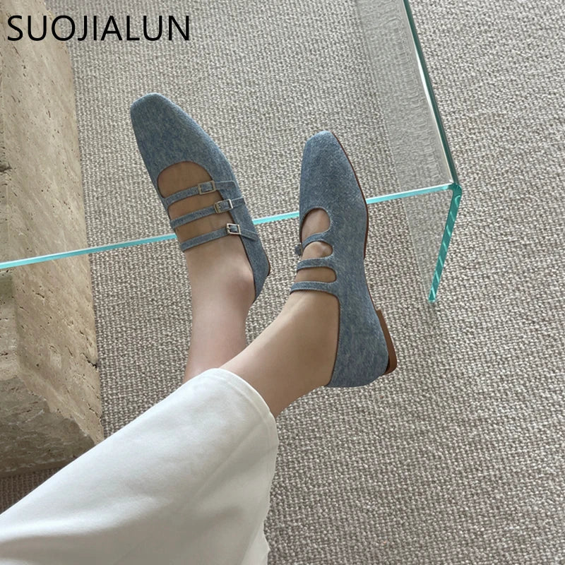 SUOJIALUN Sumptuous Tri-Buckle Flat Shoes