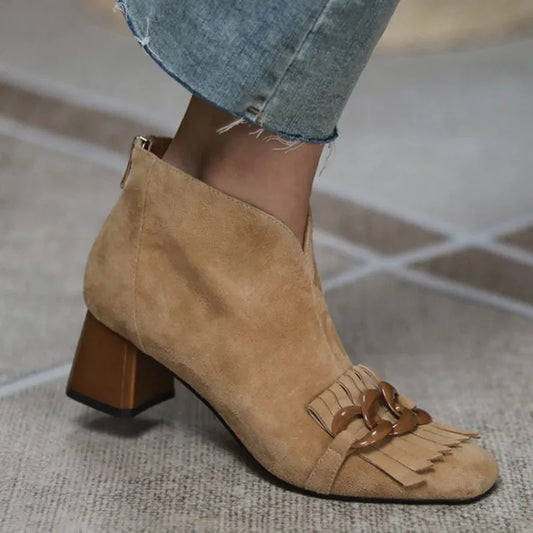 NORBERG Ankle High Suede Buckle Fringe Zipper Back Booty Shoes