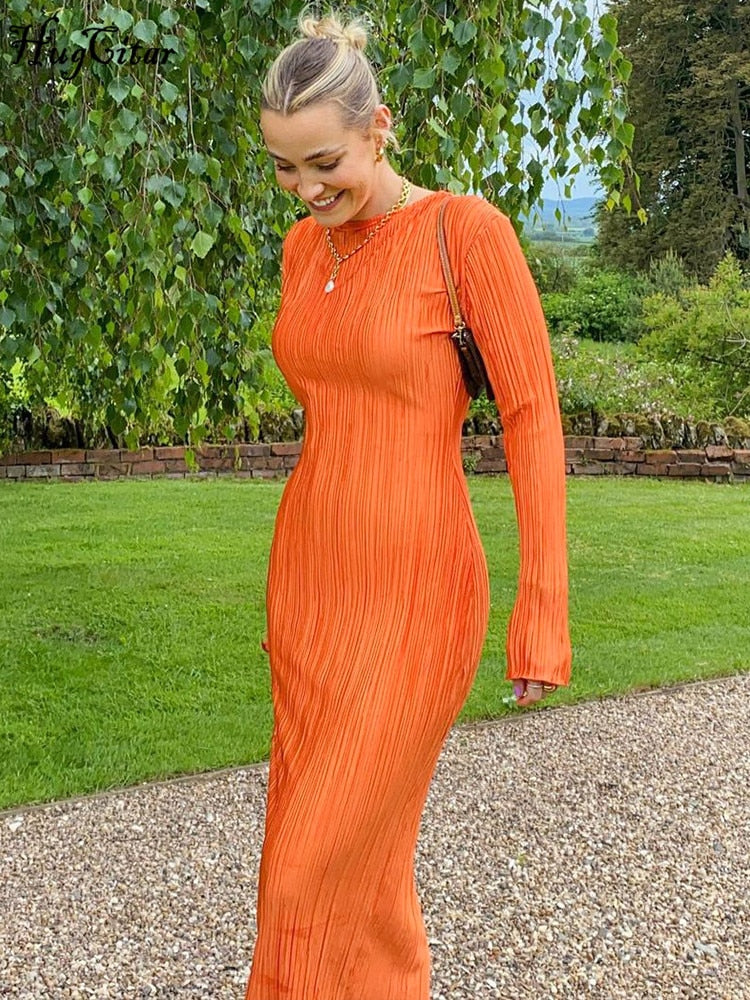 HUGCITAR Ribbed Long Sleeve Poly-Spandex Bodycon Maxi Dress