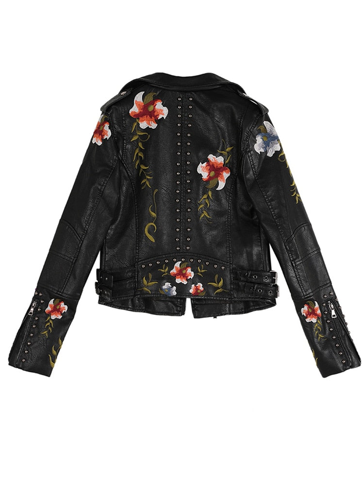 FTLZZ Embroidered Soft Faux Leather Jacket