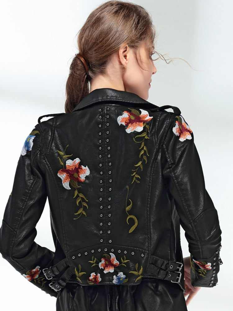 FTLZZ Embroidered Soft Faux Leather Jacket