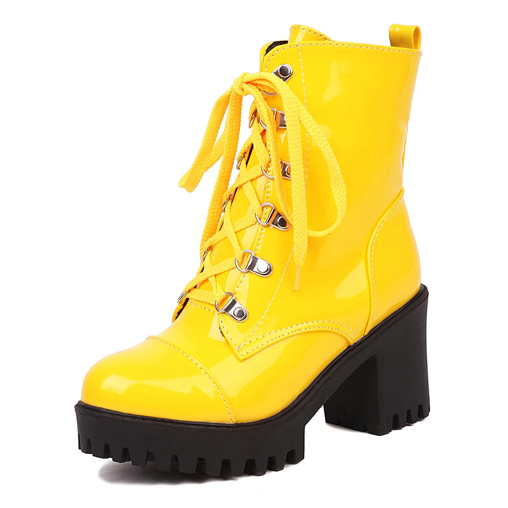 Lace Up Sexy Women's Boot Winter Fashion Platform Boots Punk High Heels Black Yellow White Ankle Boots Autumn Rubber Shoes Women