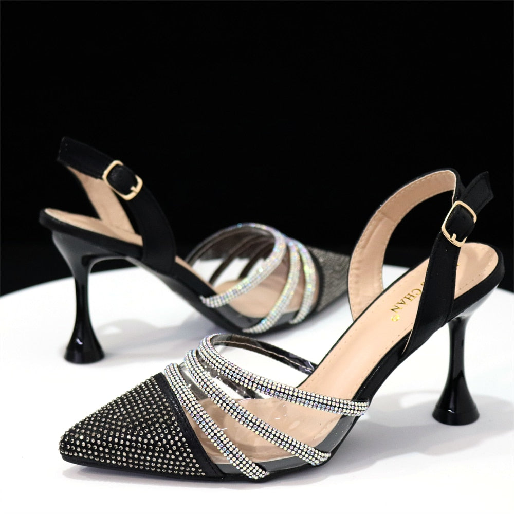 Venus Chan Shoes for Women 2023 Pointed Toe Black Heels Rhinestone Chain Party Sandals Italian Shoes and Bags Matching Set 2023 - My She Shop