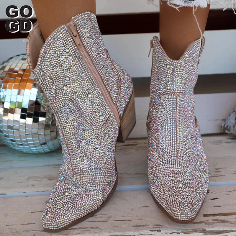 GOGD Crystal Bling High Heel Side Zip Ankle Cowboy Boots