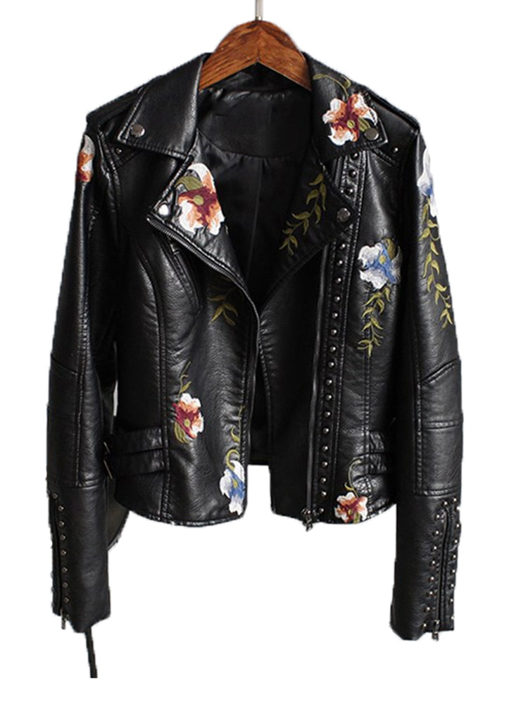 FTLZZ Embroidered Soft Faux Leather Jacket