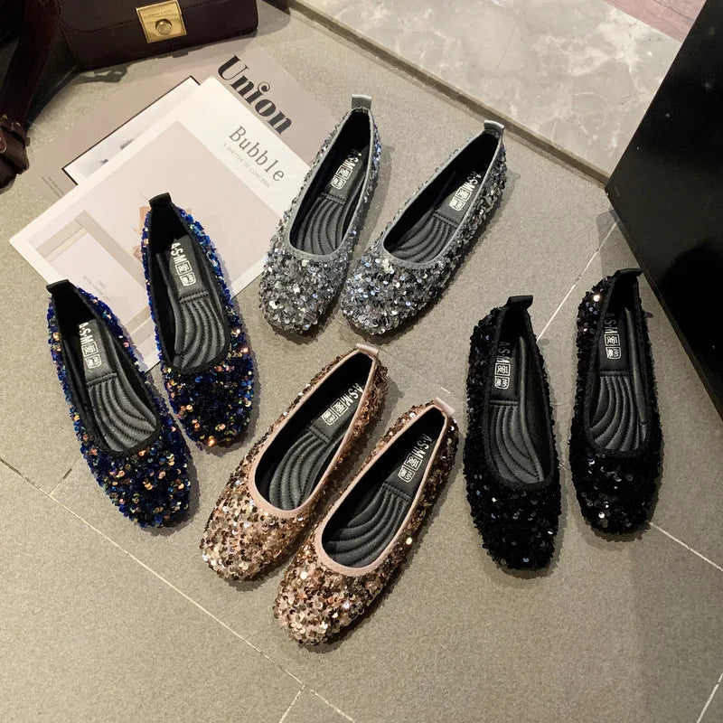 COMEMORE Luxury Sequins Non-slip Ballet Flat Shoes