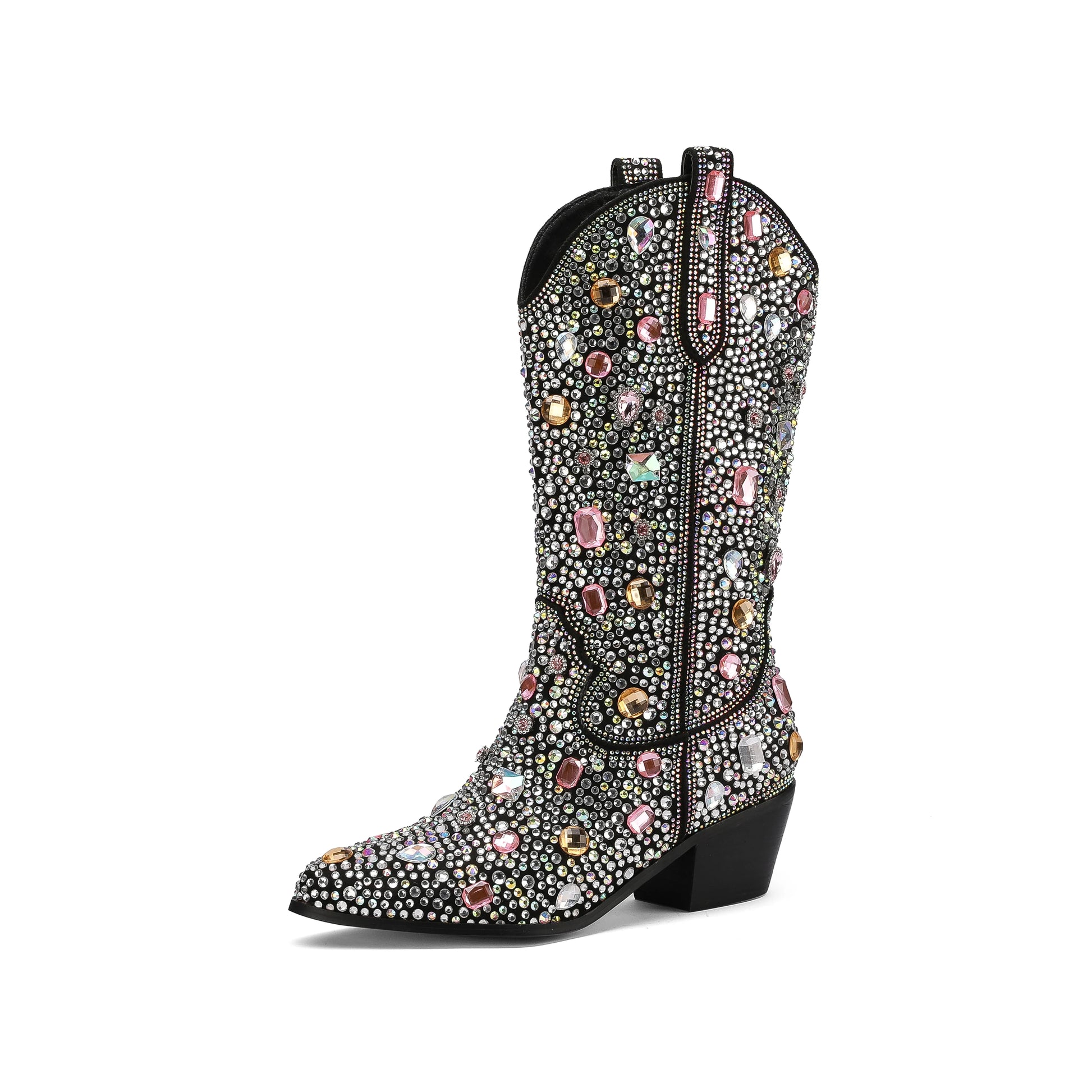 Round Toe Multi-Colored Rhinestone Style Long Biker Boots