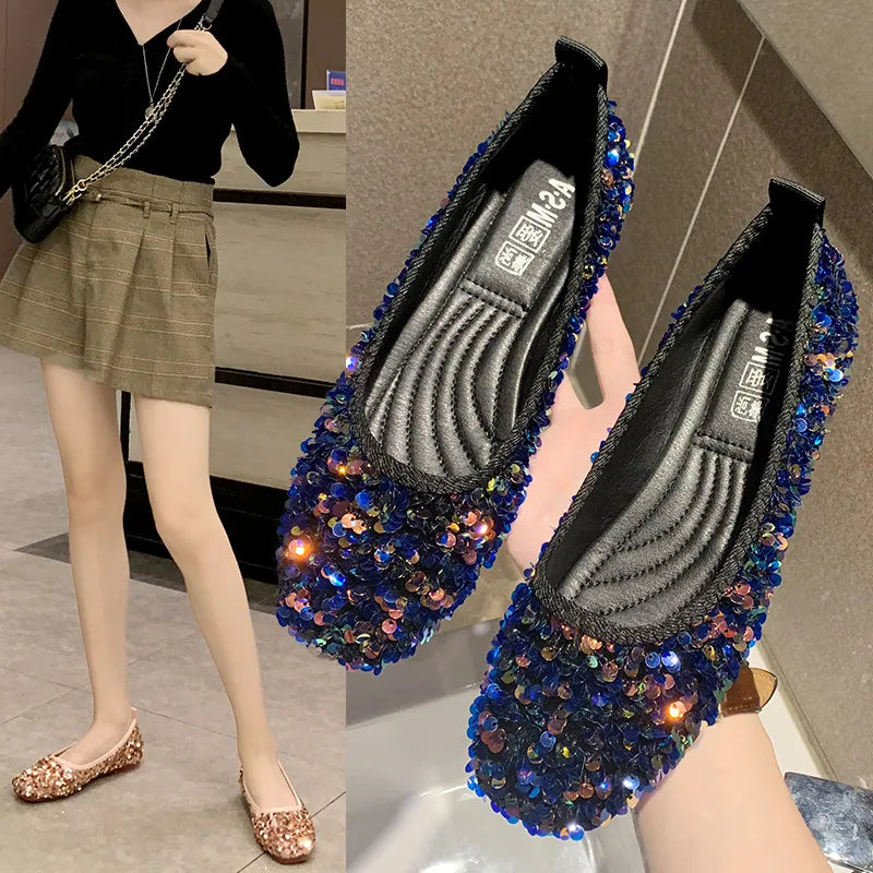 COMEMORE Luxury Sequins Non-slip Ballet Flat Shoes