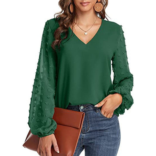 Solid Women Blouse 2022 Spring Fashion V Neck Long Sleeve Elegant Office Work Shirts Tops Lady Plus Size Casual Chiffon Blouses - My She Shop