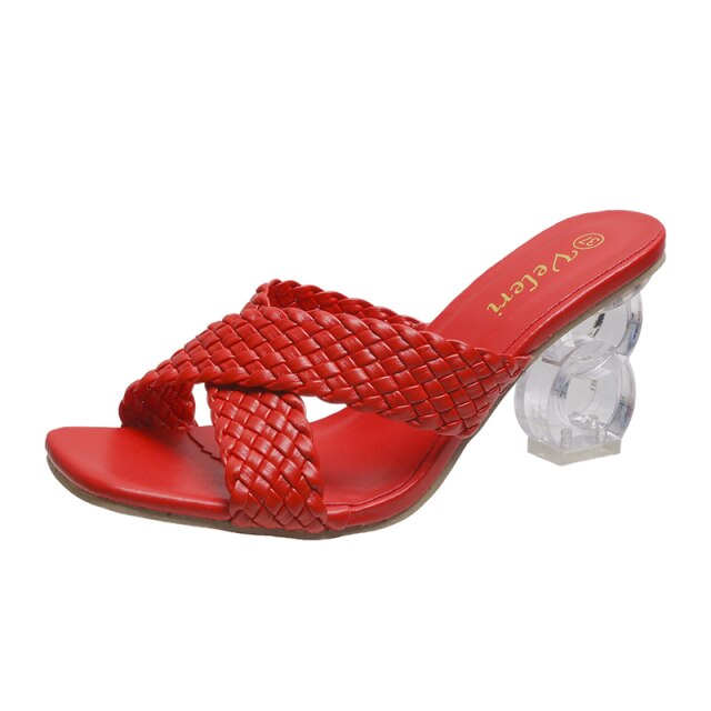 Transparent Strange High Heels Sandals Women Summer 2021 Plus Size Weave Female Slippers Fashion Yellow Open Toe Slides - My She Shop