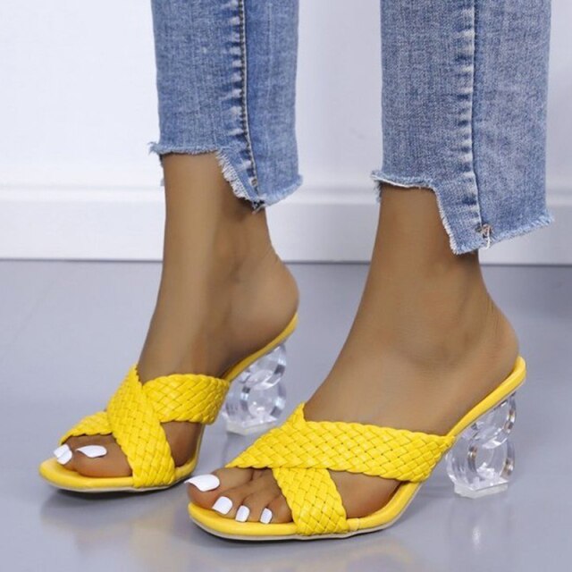 Transparent Strange High Heels Sandals Women Summer 2021 Plus Size Weave Female Slippers Fashion Yellow Open Toe Slides - My She Shop