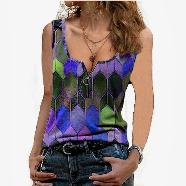 Vest Women Summer Sleeveless Fashion Ladies Geometric Print Pull Round Neck Chain T Shirt Top Fashion Sexy Blusas Femininas - My She Shop