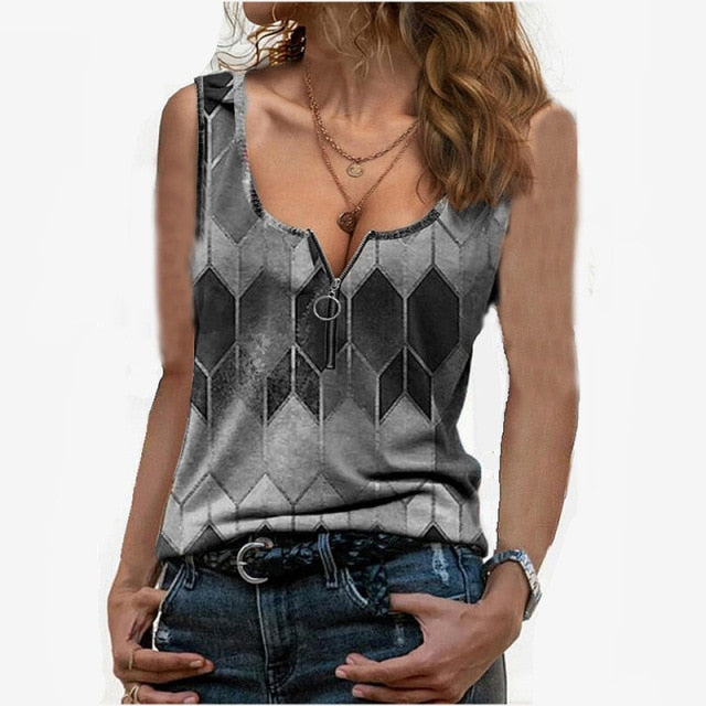 Vest Women Summer Sleeveless Fashion Ladies Geometric Print Pull Round Neck Chain T Shirt Top Fashion Sexy Blusas Femininas - My She Shop